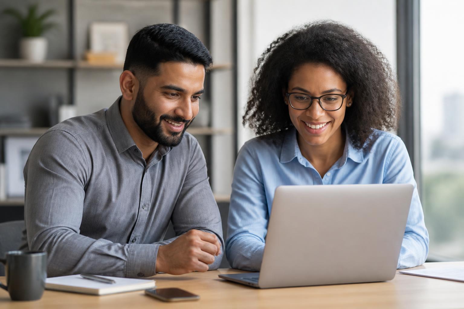 Two founders looking at their laptop together in their office