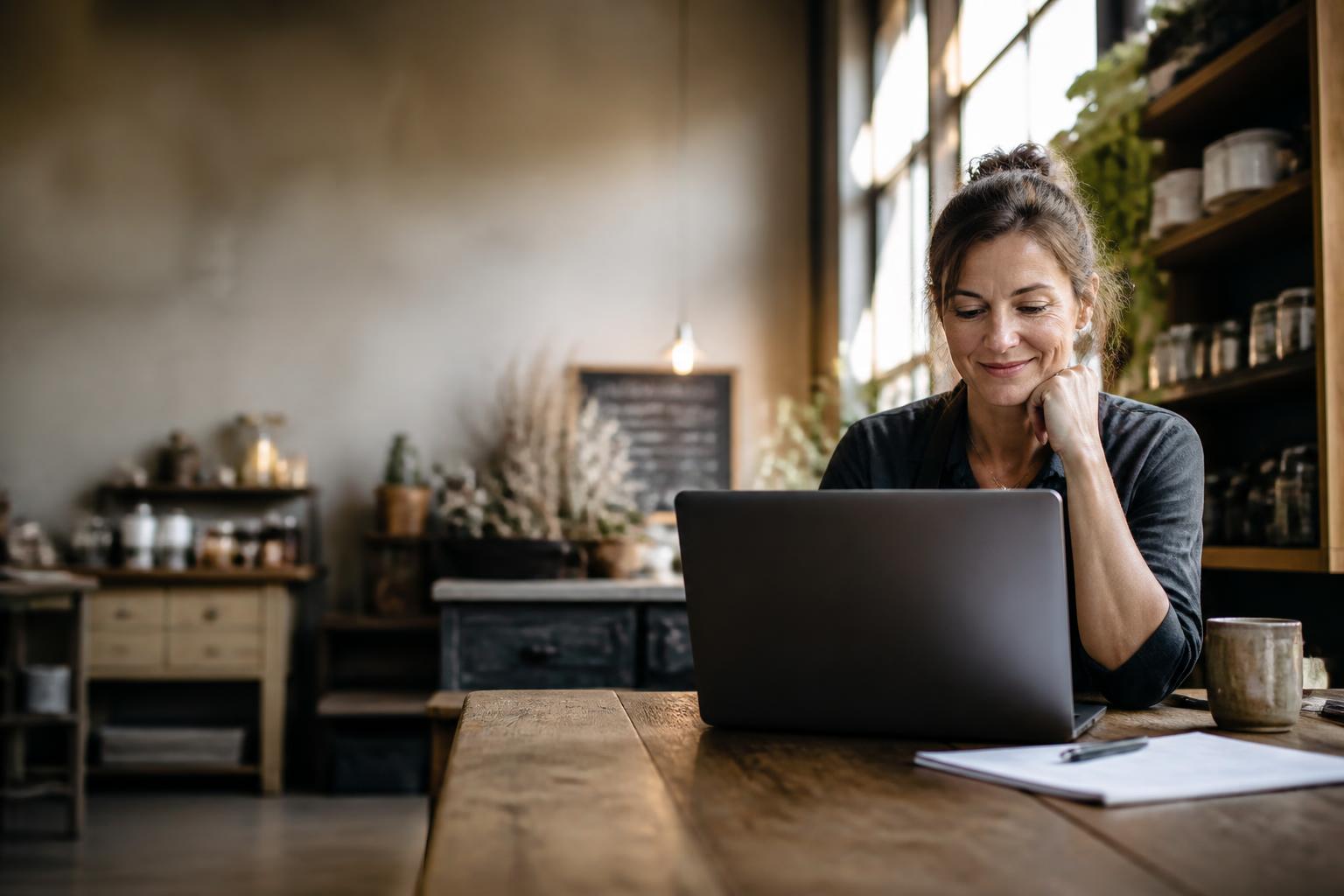 Small business owner working at her laptop in her shop