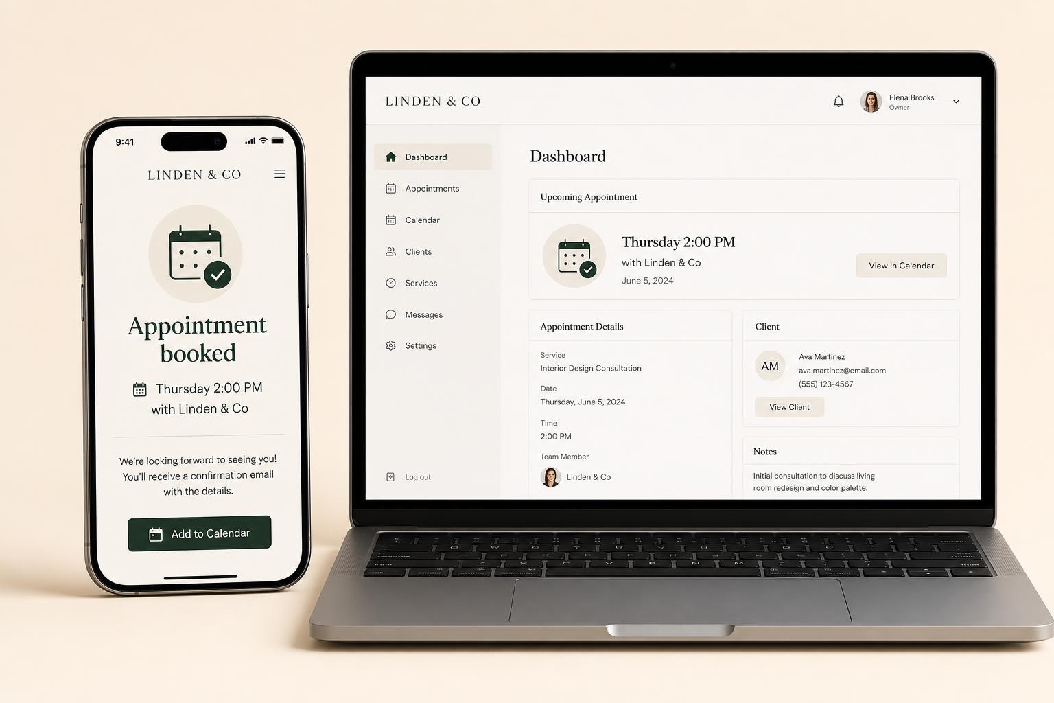 Phone and laptop showing an appointment booked through an Integral Site