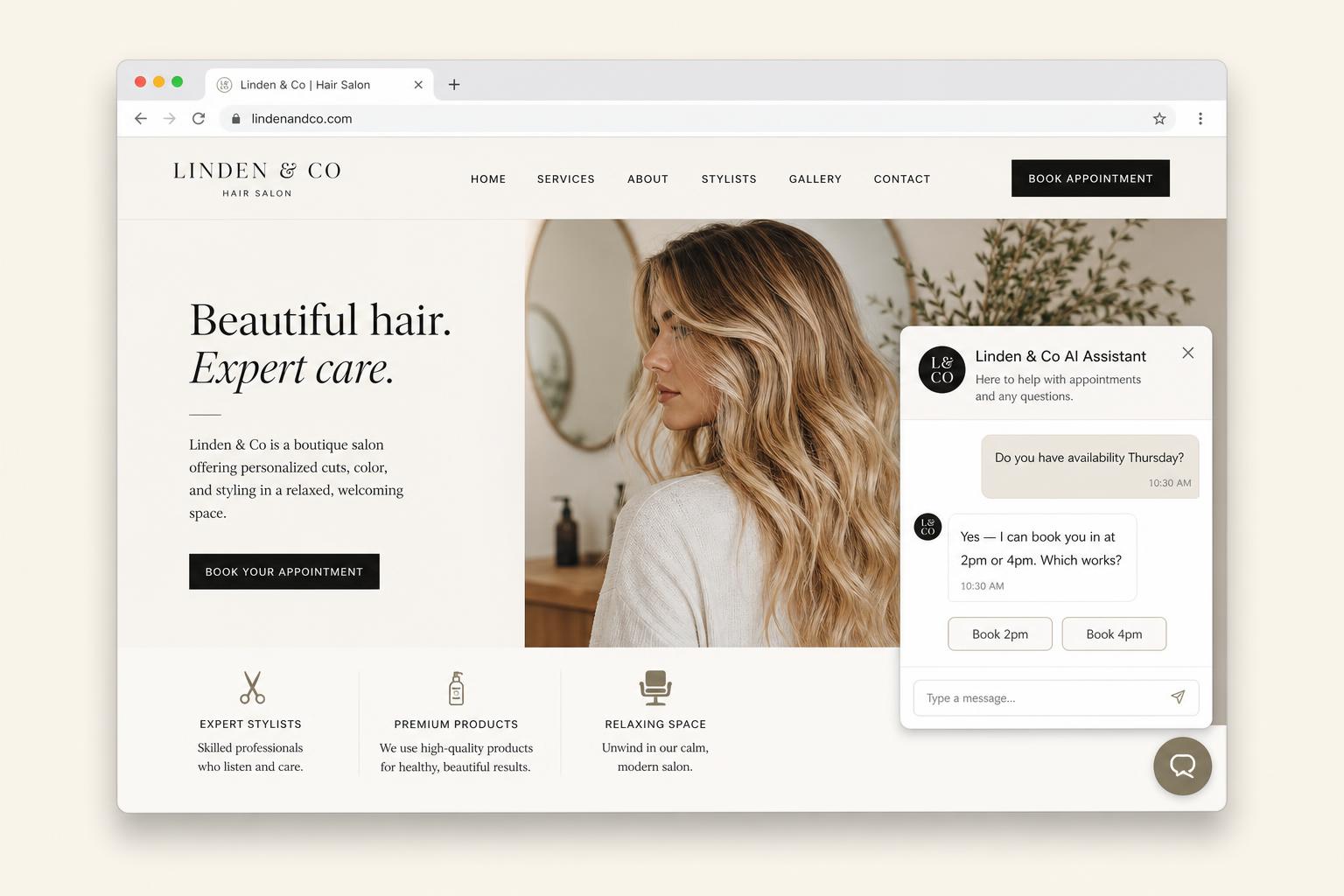 Browser showing a small business website with an AI chat widget answering a customer in real time